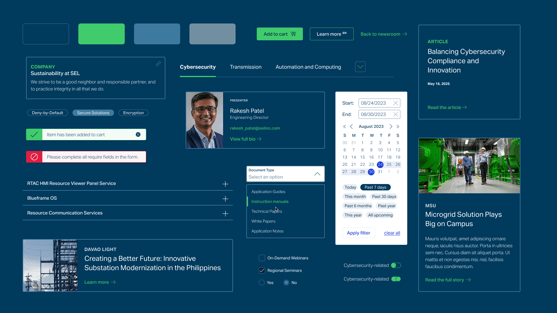 An array of UI components from the Diatom Design system displayed on a dark blue background