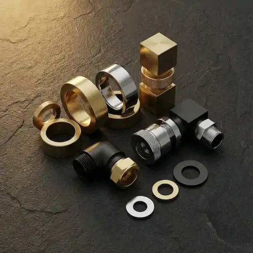 Flat lay de pièces sanitaires en laiton, chrome et métal noir posées sur une surface en pierre sombre, éclairage chaud.