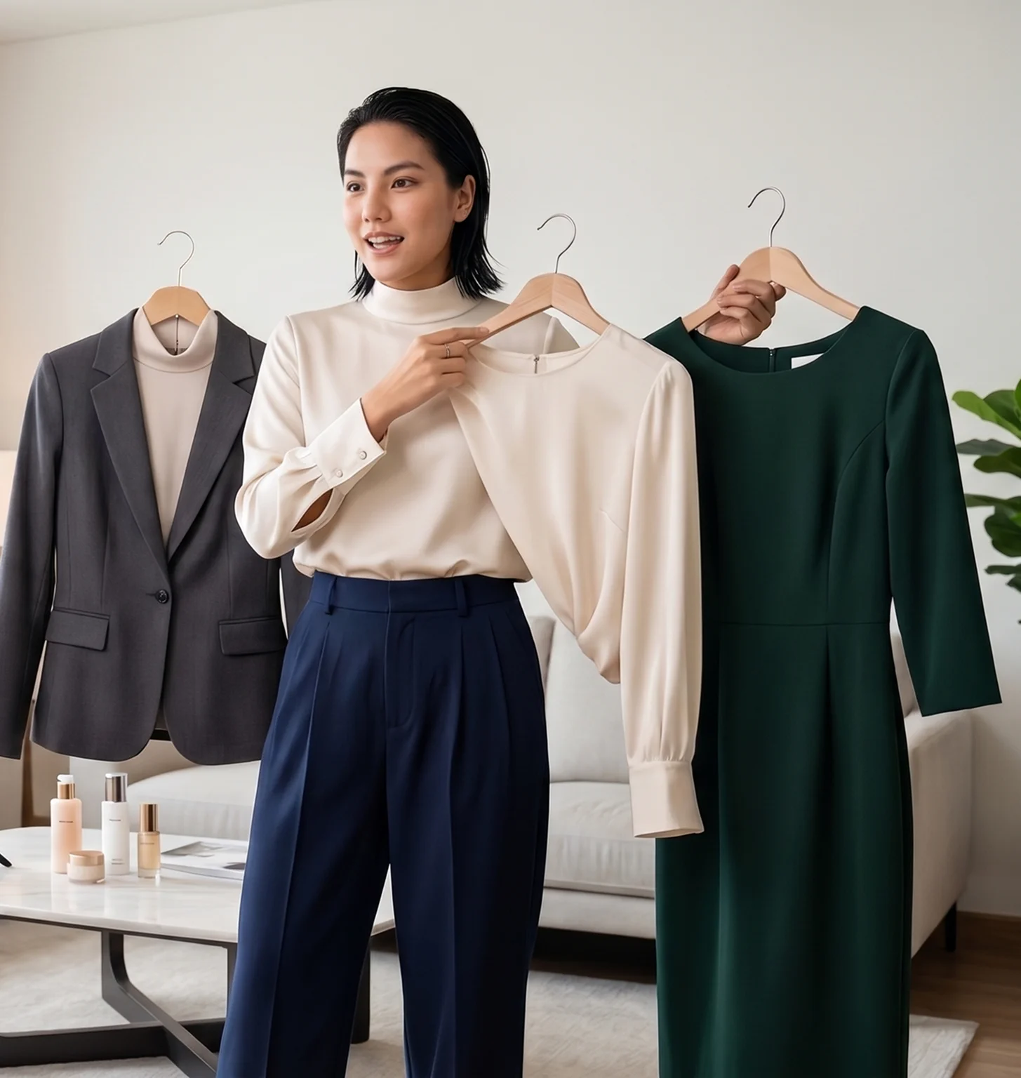 A female fashion content creator selecting outfits from a clothing rack.