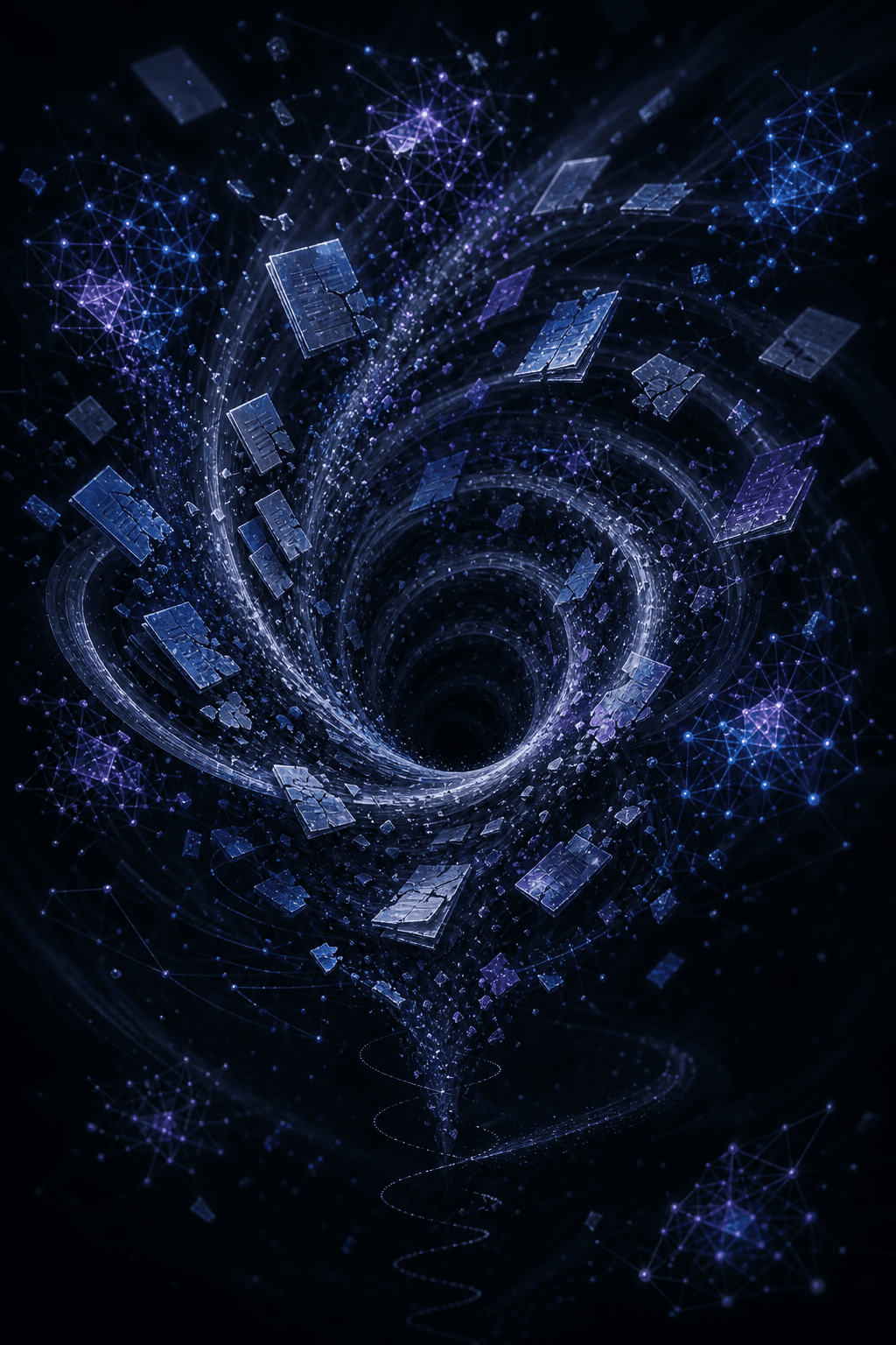 A dark abstract visualization of a spiraling data vortex pulling fragmented document cards and knowledge fragments downward into a central void, with glowing blue and purple nodes representing disconnected information clusters, digital particles scattering outward, and a faint downward spiral path suggesting degradation and loss of coherence — no text, no labels, no words
