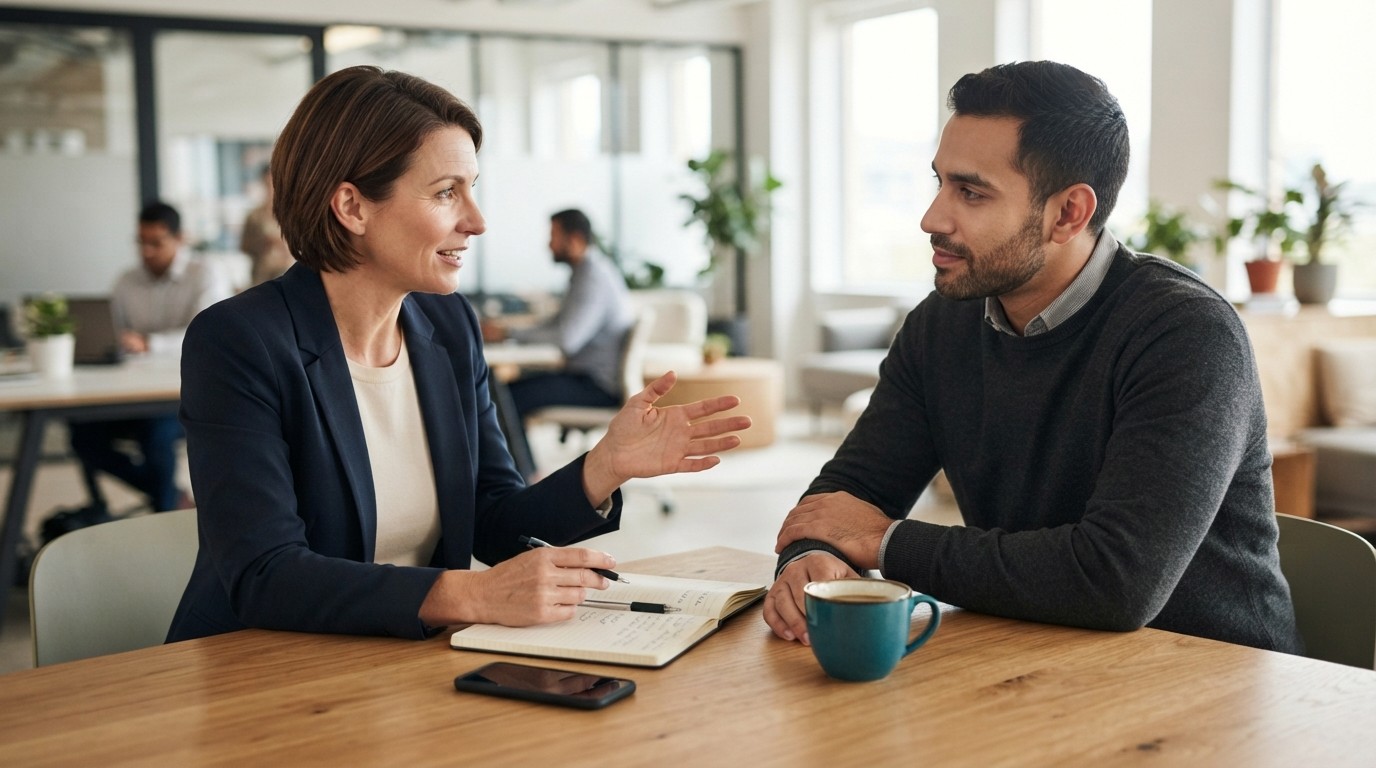 Two professionals discussing growth strategy in a modern office