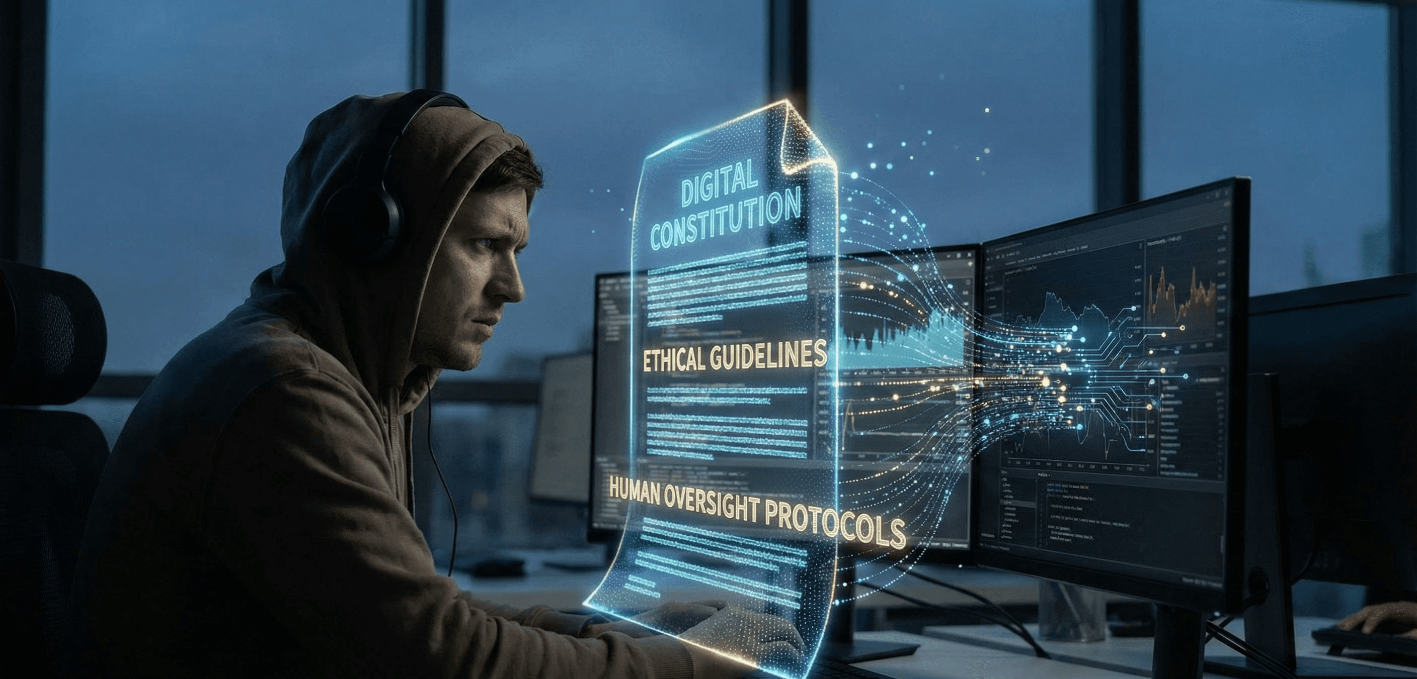 A human + tech tension scene — e.g. a person reviewing AI outputs on screen, overlaid with a glowing “constitution” layer of rules flowing into data streams.