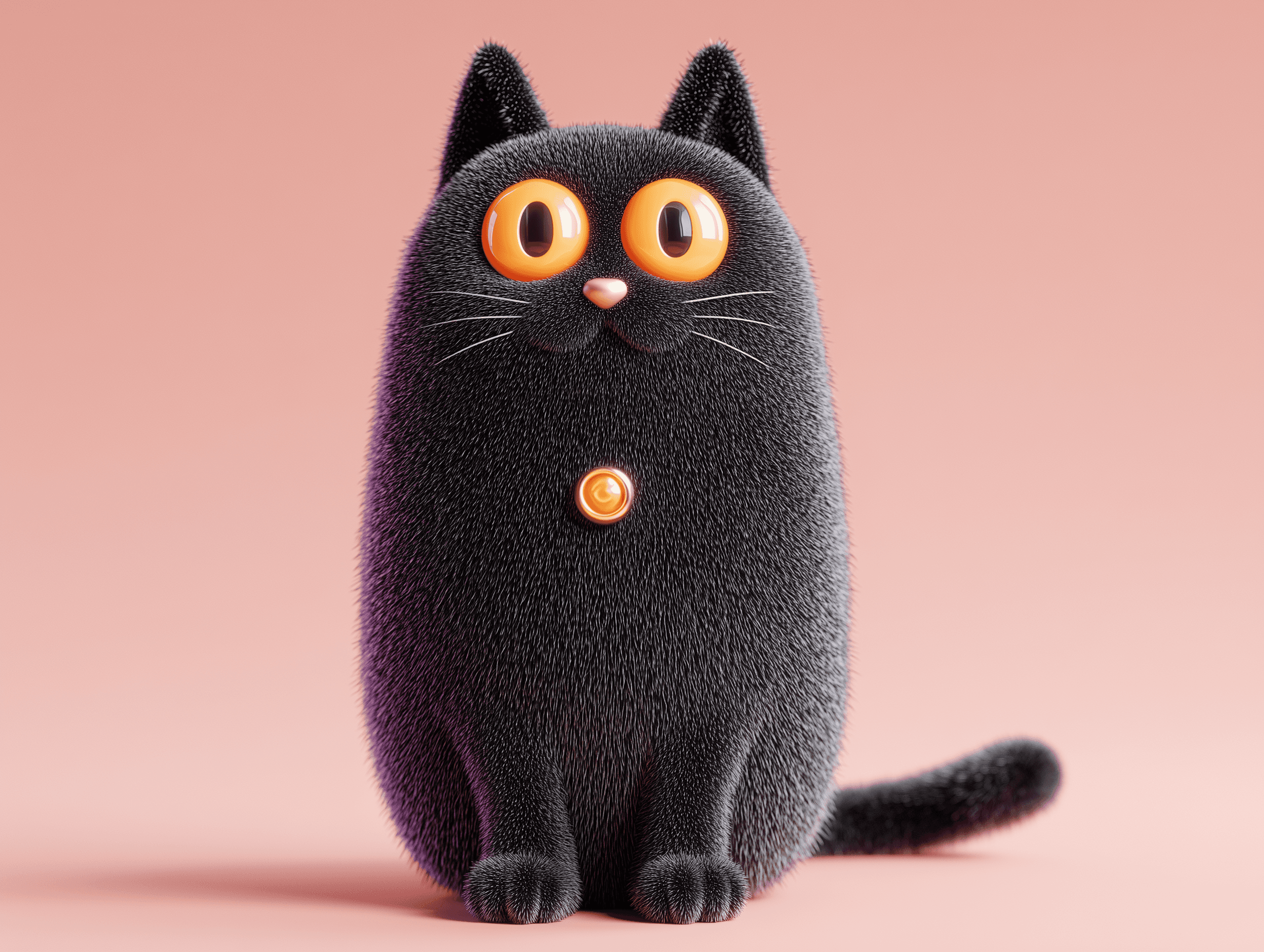 A 3D-rendered fuzzy black cat with large glowing orange eyes, a small pink nose, and a round orange charm on its chest, sitting against a soft peach background.