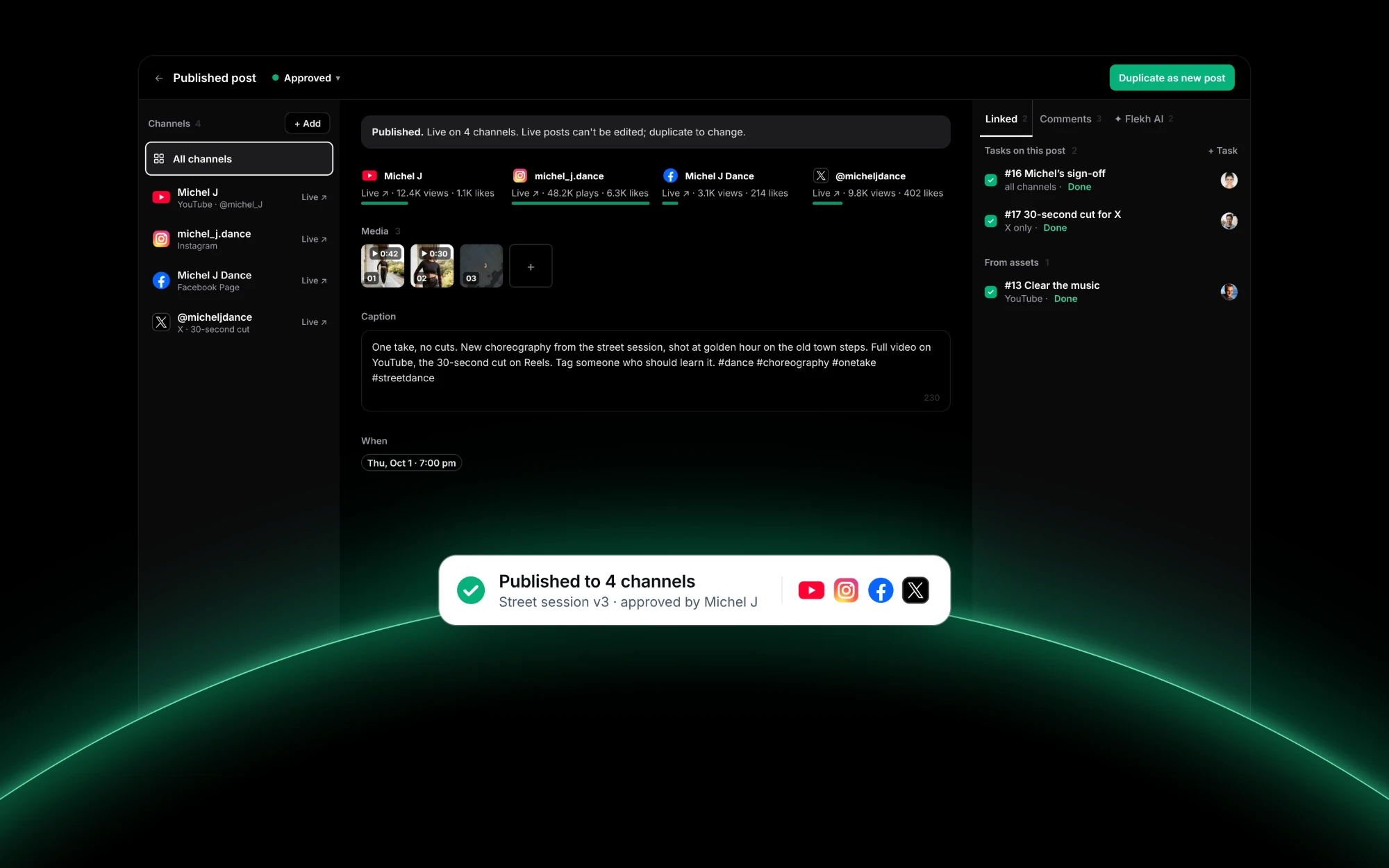 Published post in Flekh Publish, live on YouTube, Instagram, Facebook and X, with a confirmation: Published to 4 channels, Street session v3, approved by Michel J