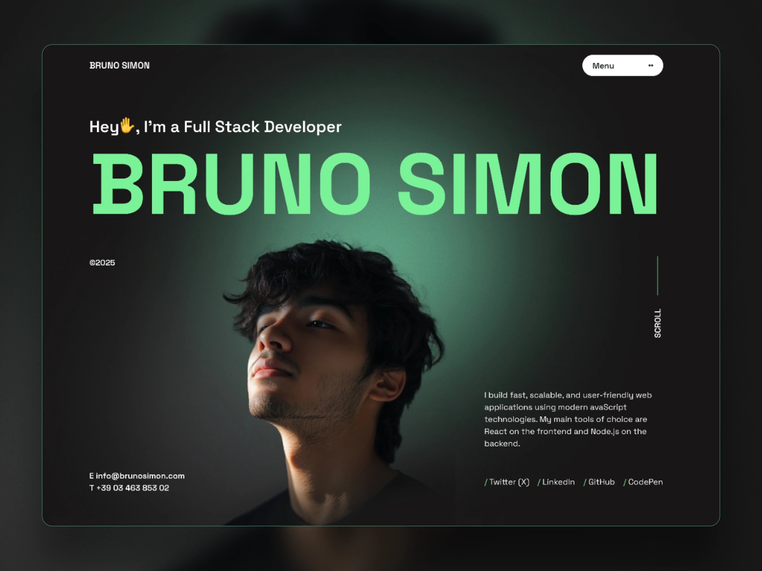 Dark full stack developer portfolio hero with portrait, green neon text, and social links