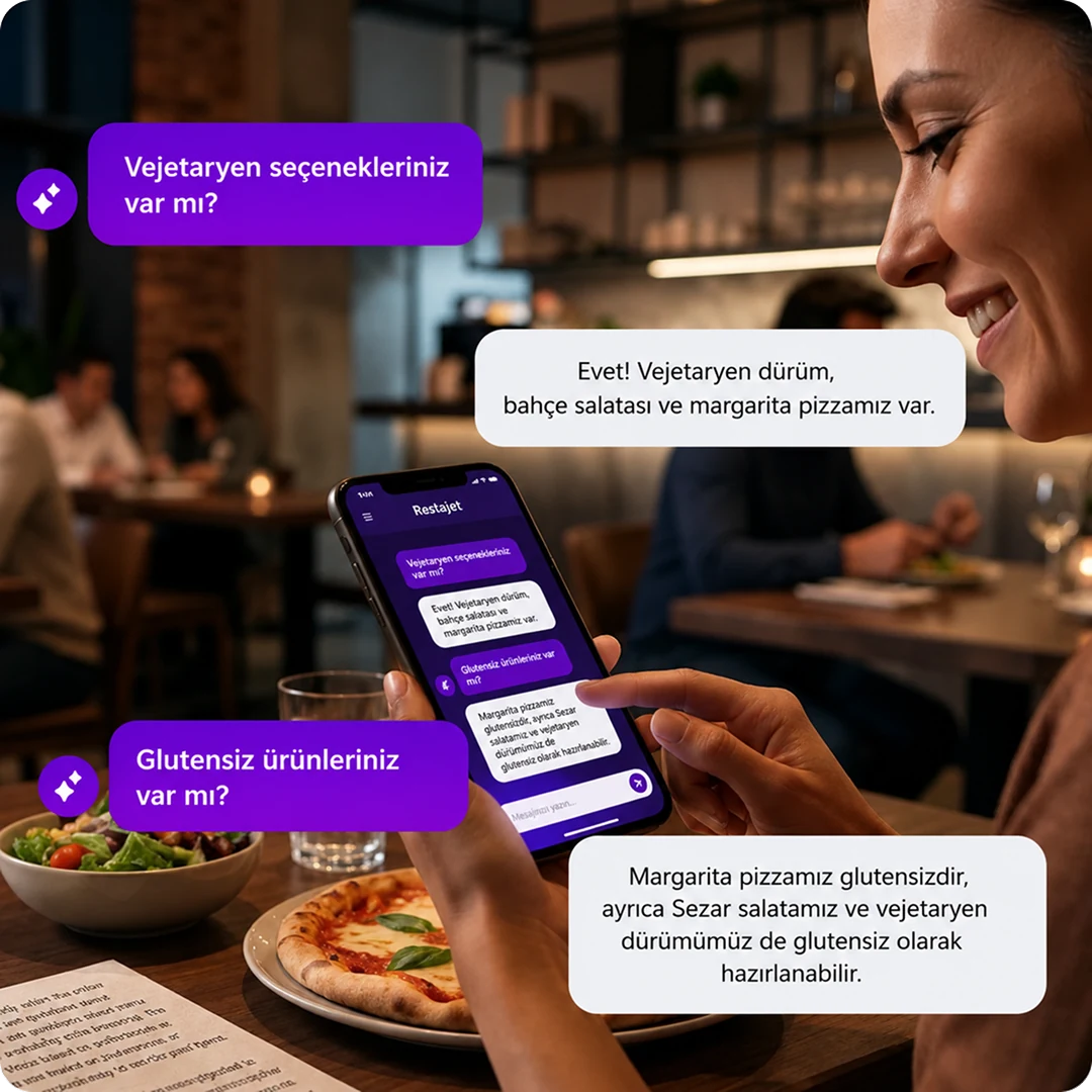 Telefonda yapay zeka sipariş asistanıyla menü önerisi alan restoran misafiri