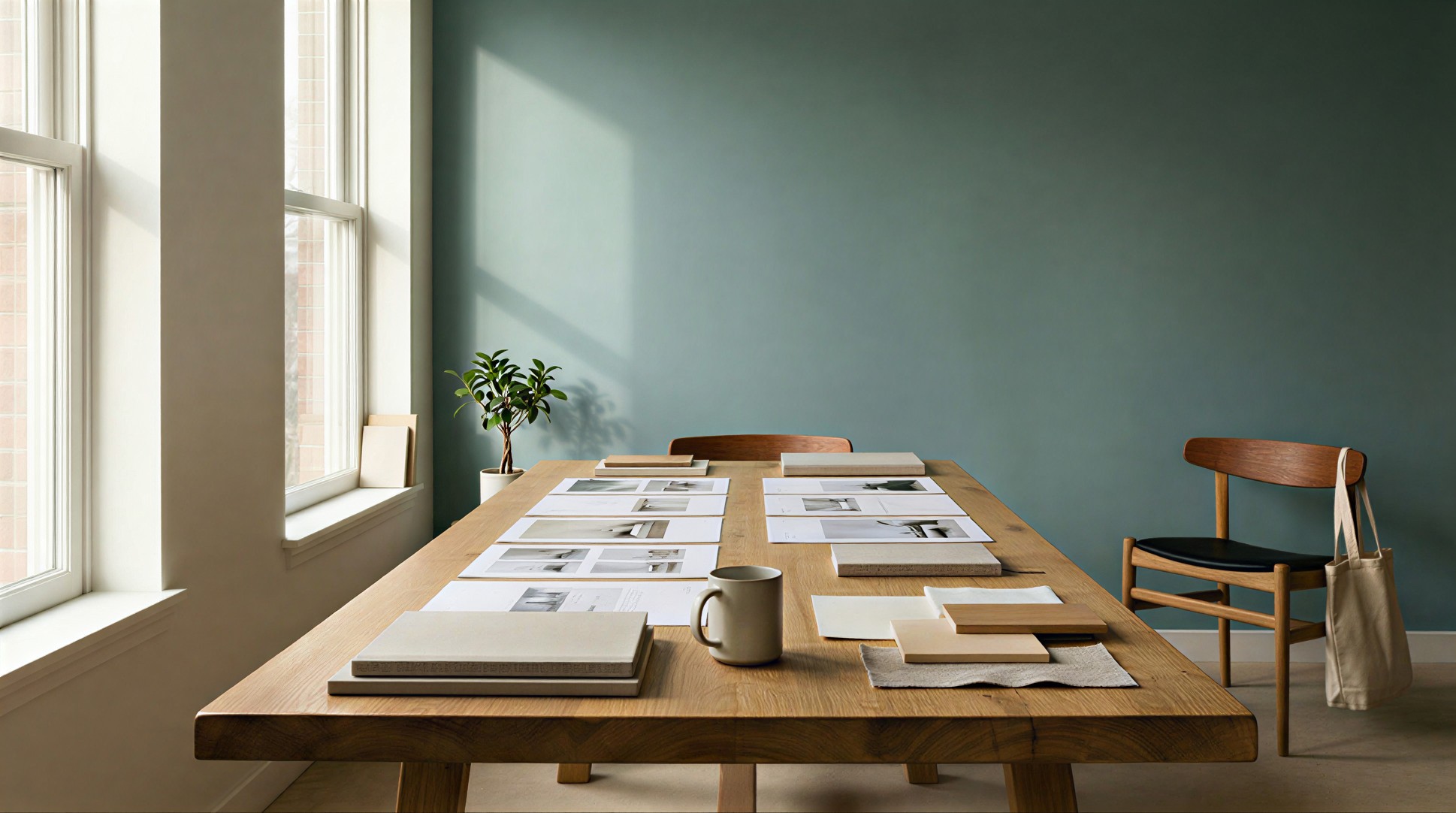 A wooden table with documents and materials is lit by natural light from large windows. A mug and potted plant add a calm, minimalist feel.