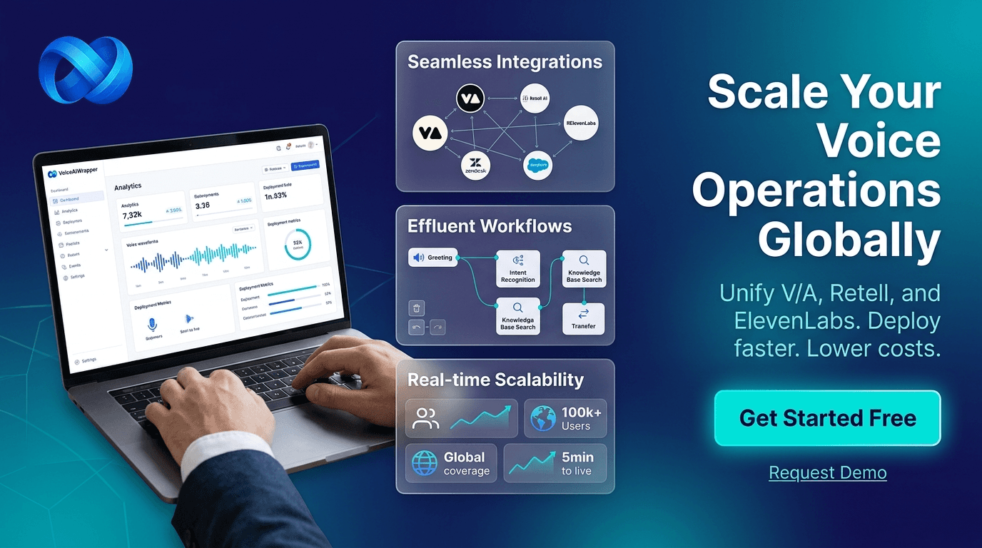 AI voice chat bot hero showing Build, Deploy, Scale workflow with Vapi, Retell, and ElevenLabs on a white-label platform | VoiceAIWrapper.