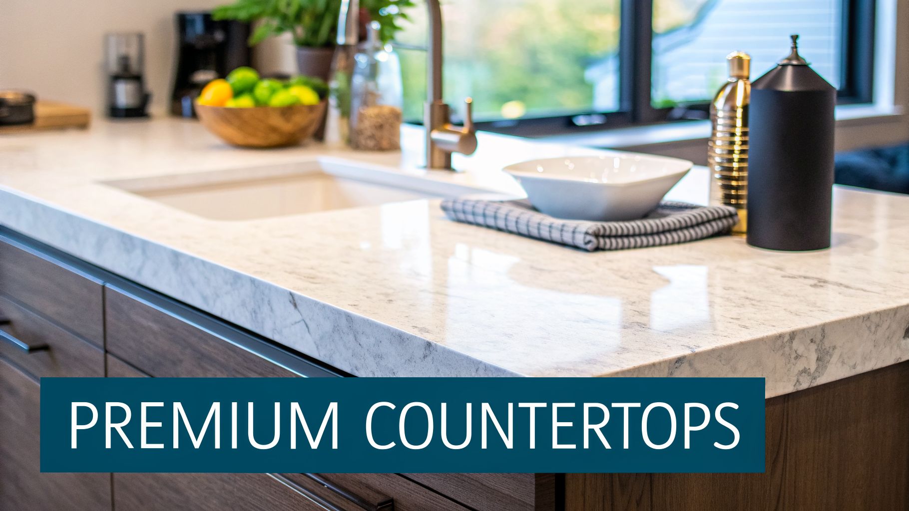 A modern kitchen featuring light granite countertops, an undermount sink, and dark wood cabinetry.