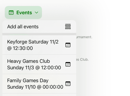 Mobile app view showing a menu with options to save all events with three events listed from the photo.