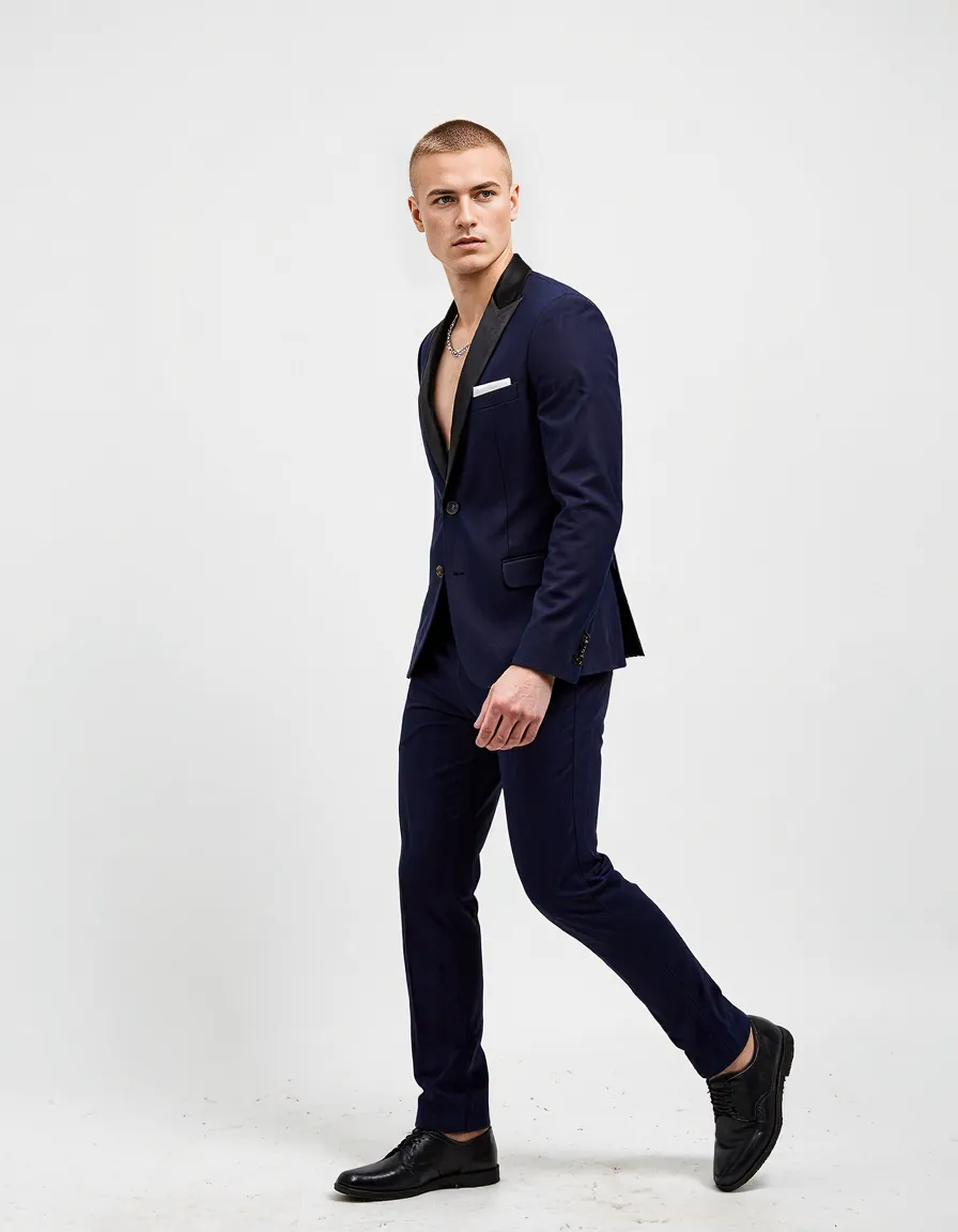 Modern navy suit with black lapels photographed against clean white background in dynamic walking pose, showcasing professional attire.