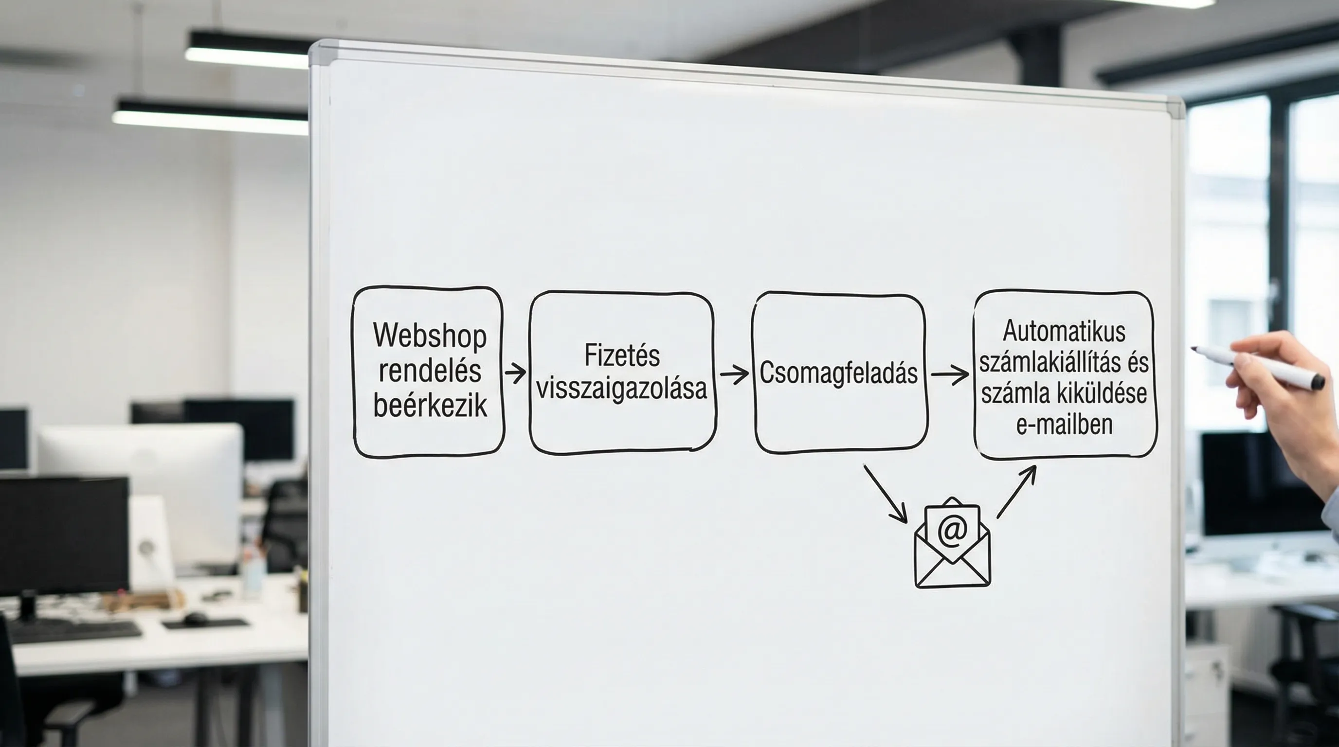 Egyszerű folyamatábra: webshop rendelés beérkezik, fizetés visszaigazolása, csomagfeladás, automatikus számlakiállítás és számla kiküldése e-mailben. A diagram négy dobozból és köztük nyilakból áll, letisztult üzleti stílusban.