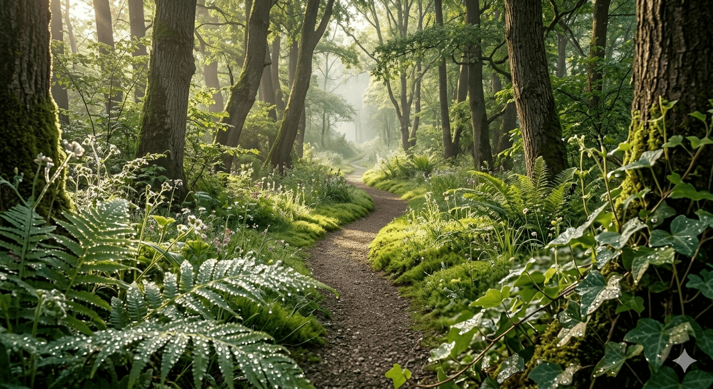 Dew-covered nature trail and lush green landscapes in Sector 111 residential project