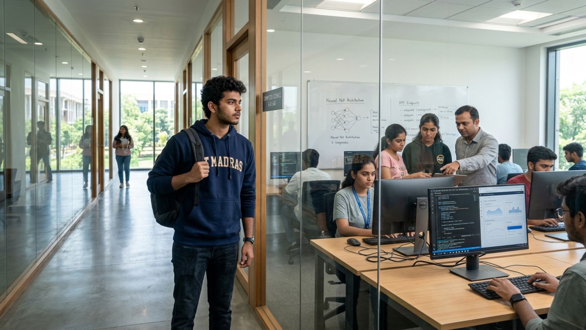 Student observing a coding-focused learning environment in a modern lab at a coding focused engineering college