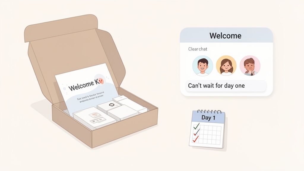 An illustration showing a welcome kit box, a chat message 'Welcome' from a team, and a 'Day 1' calendar with checkmarks, illustrating remote employee onboarding.