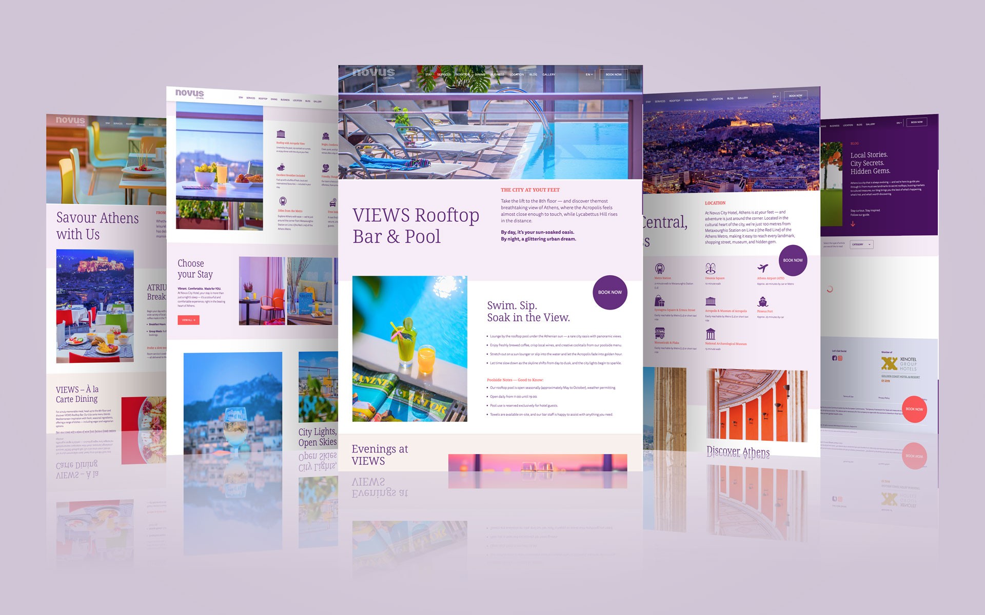 Presentation of the Novus City Hotel website across multiple pages and sections