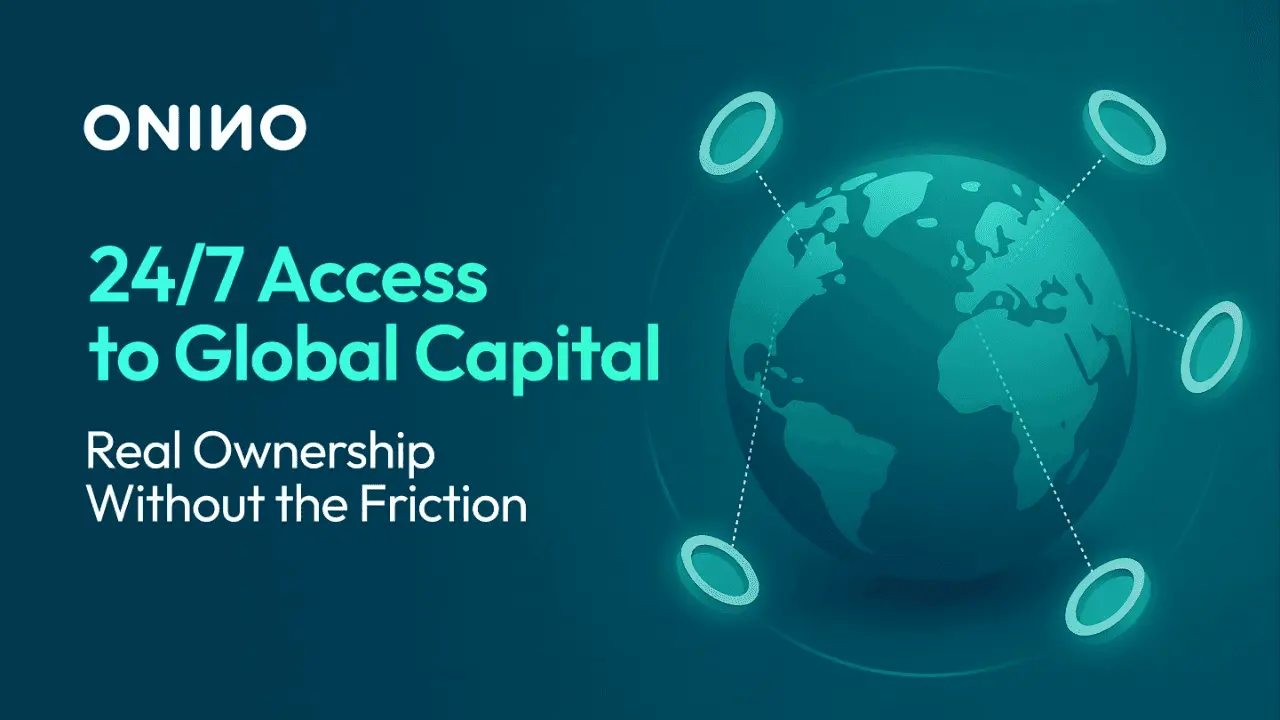 Globe with orbiting digital tokens illustrating 24/7 access to global capital and frictionless real ownership — ONINO tokenization platform