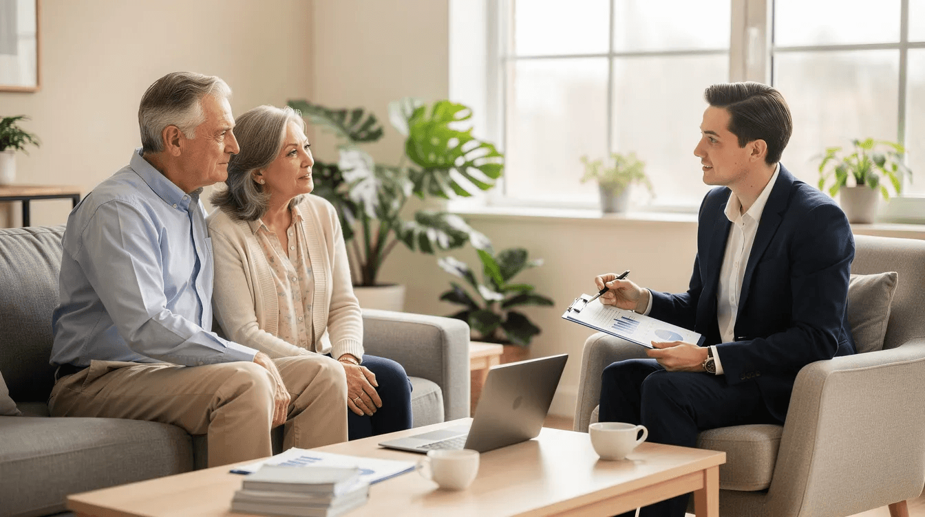 An older couple is seated across from a financial professional in a calm office setting, discussing the role of a corporate trustee and the management of trust assets. The atmosphere is focused and professional, emphasizing the importance of investment management and the responsibilities involved in trust administration.