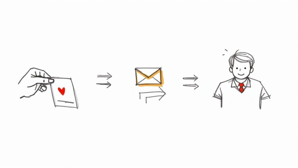 A hand sends a heart card, processed as an envelope, reaching a happy businessman.