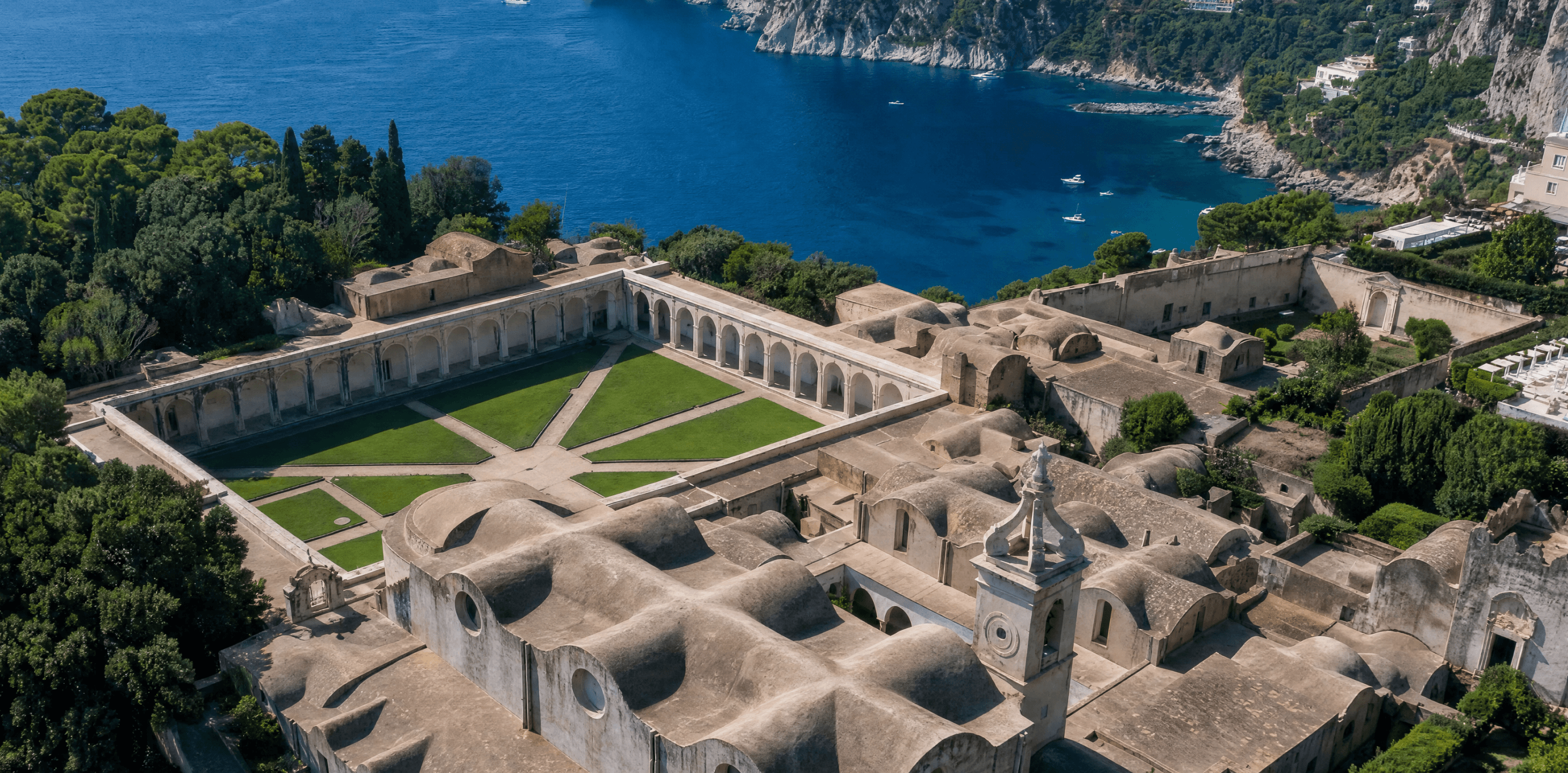 Aerial view of the Certosa di San Giacomo, the 14th-century monastery on Capri