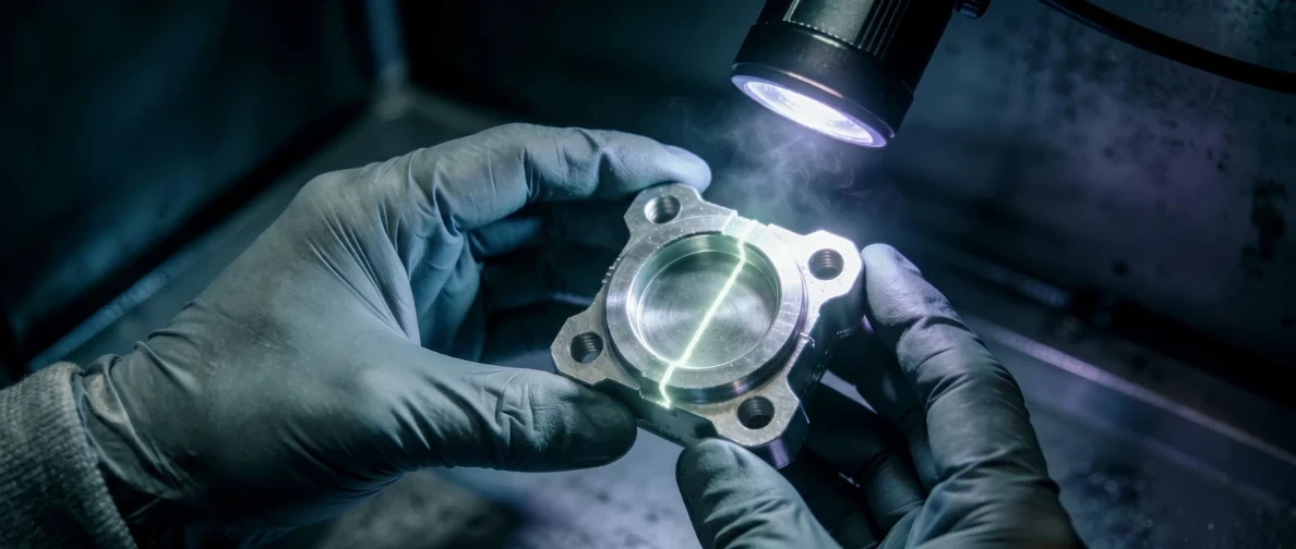 Fluorescent penetrant inspection under UV-A light on machined aluminium component