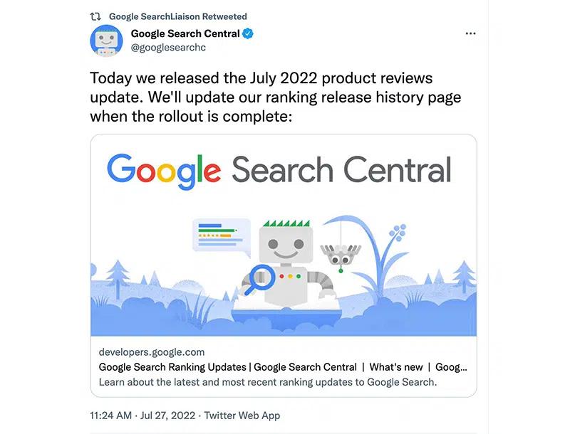 A tweet about the Google July 2022 Product Reviews Update