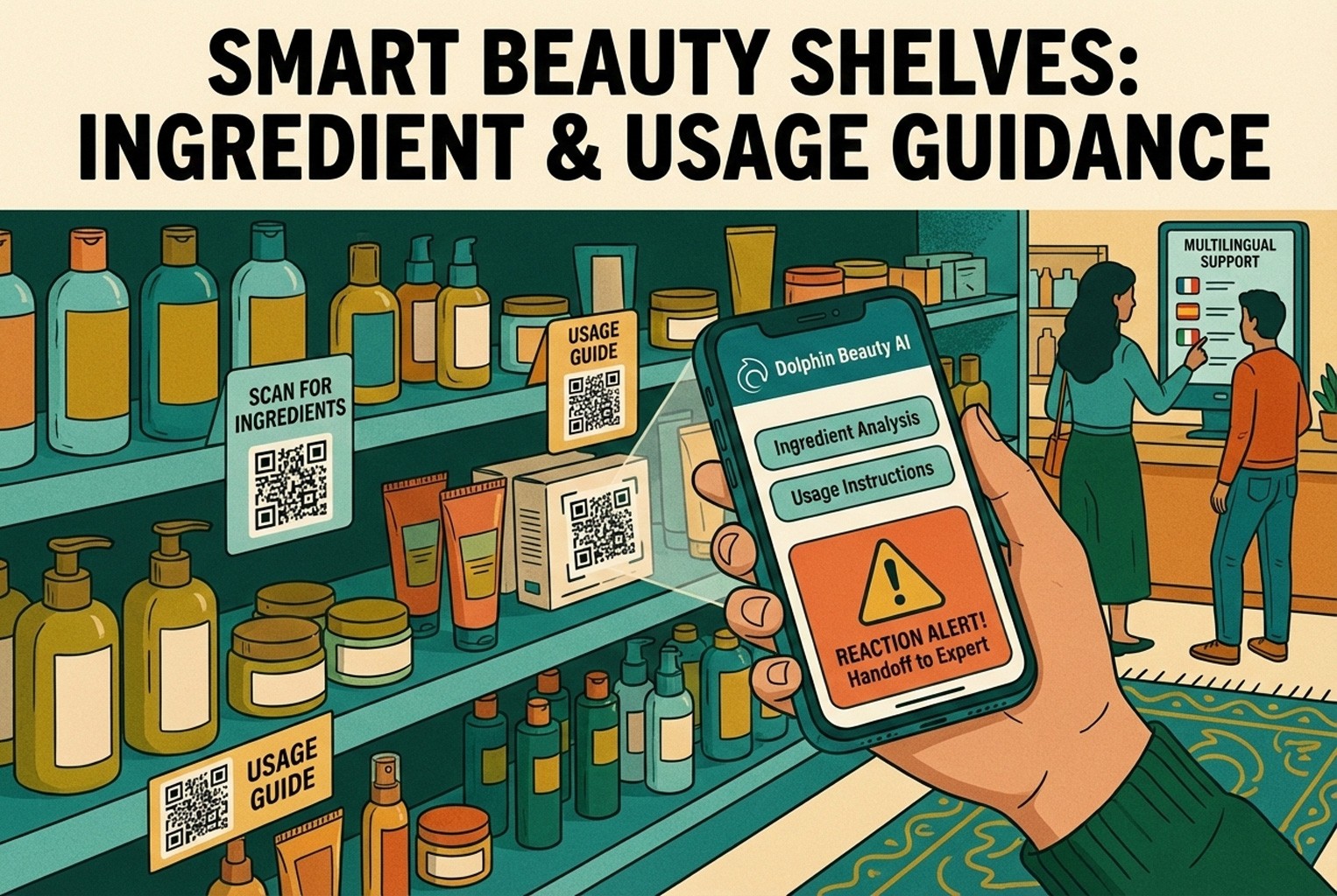Beauty store shelf with QR codes for ingredient and usage guidance, showing AI support with reaction alert and multilingual assistance