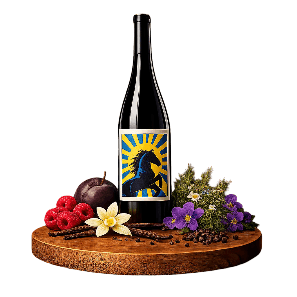 Artistic label and flavor profile for Portuguese Tejo Red on a rustic wooden table.