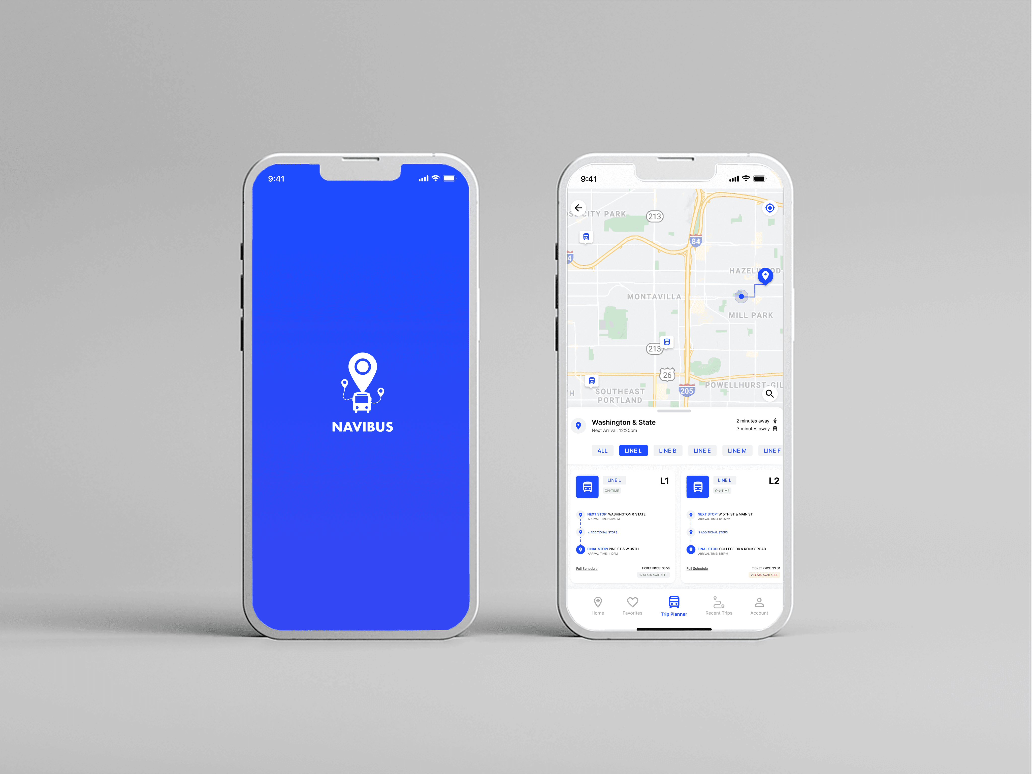 Two smartphones showing screens of a mobile transport app in front of a grey background