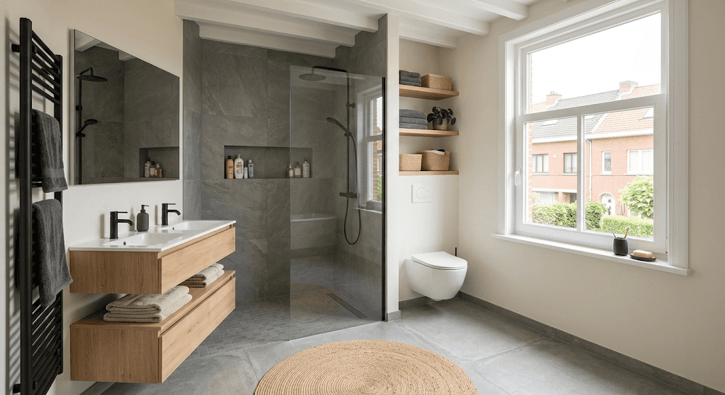 Salle de bain rénovée dans le cadre d'une rénovation complète de villa.