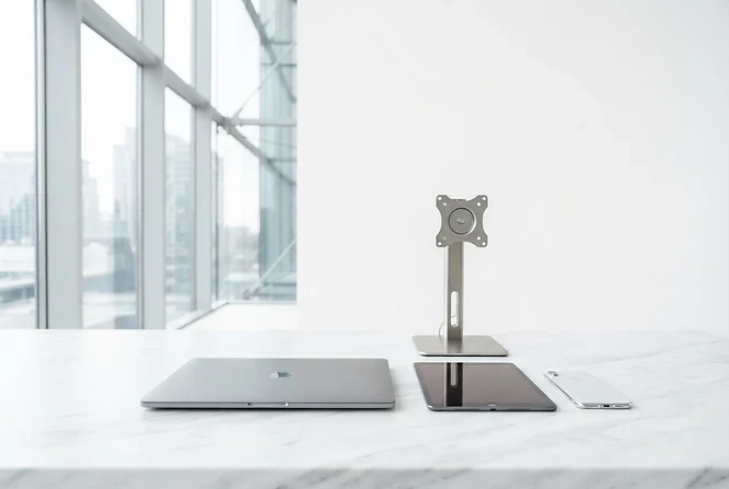 An organized Apple business-device ecosystem on a clean modern workstation.
