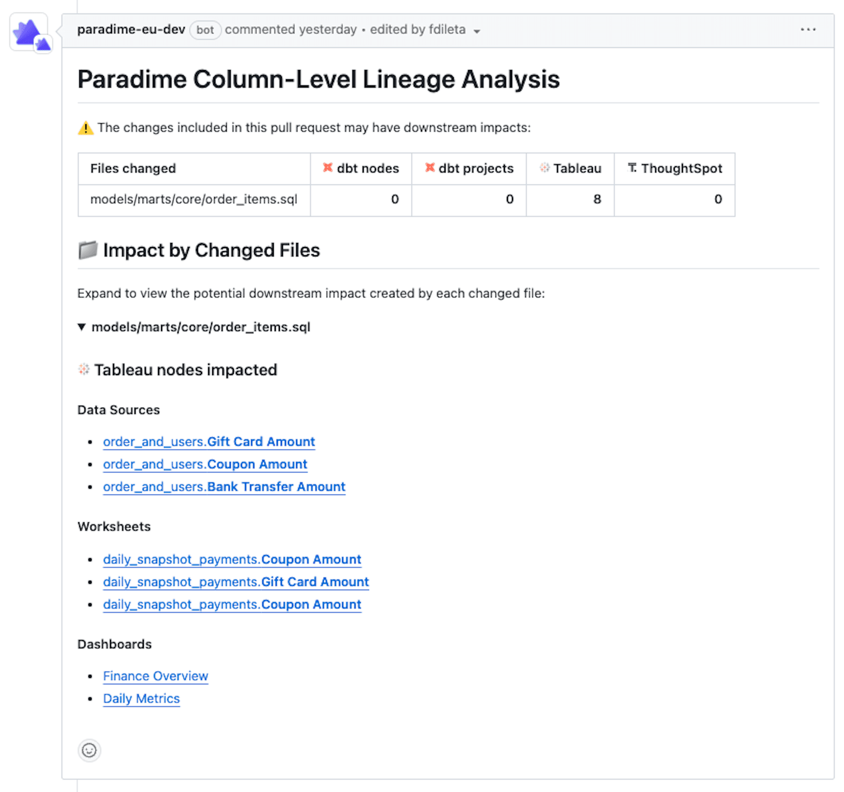 paradime tableau column level lineage diff pull request