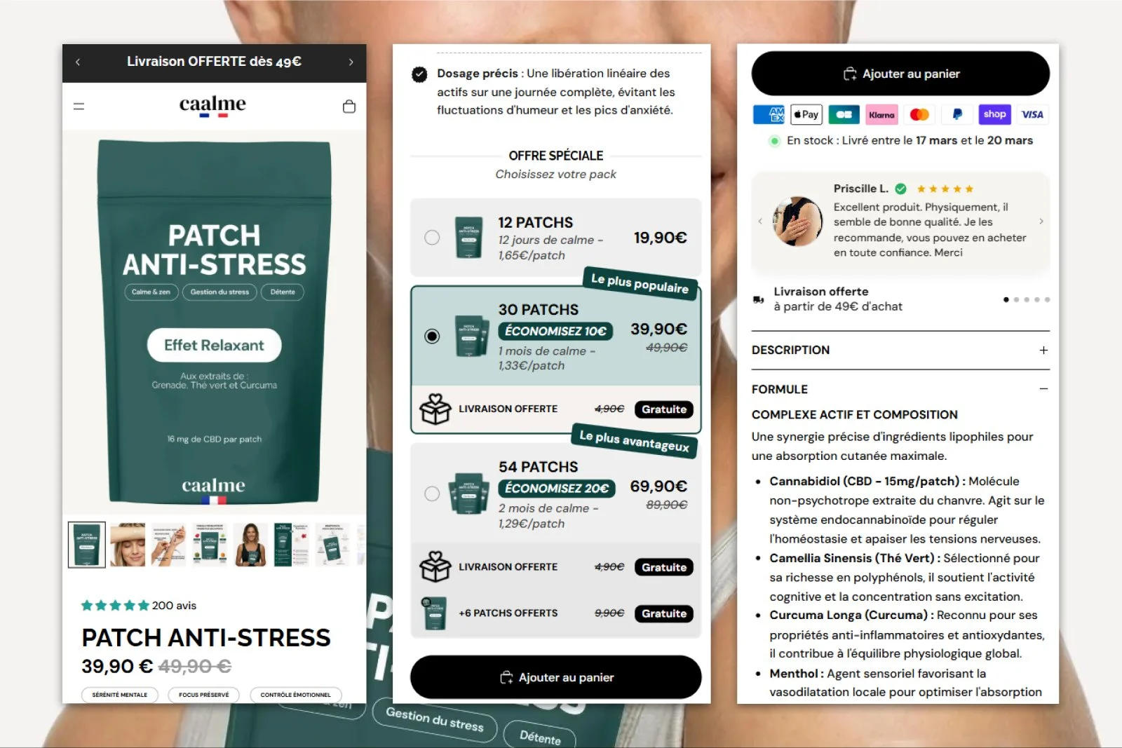 Fiche produit mobile Caalme avec galerie produit, offre spéciale par pack, moyens de paiement et avis vérifiés