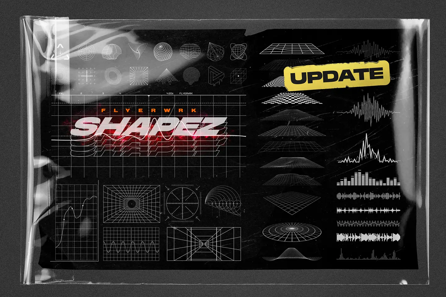 Retro Futuristic Shapes vector pack preview with grids, waveforms and abstract UI elements