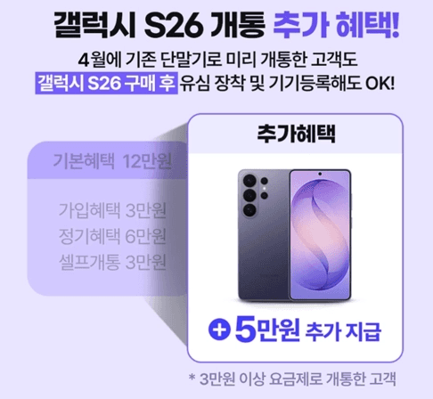 갤럭시 S26 개통 추가 혜택 안내 이미지입니다. 4월에 기존 단말로 미리 개통한 고객도, 갤럭시 S26 구매 후 유심 장착 및 기기 등록 시 5만원을 추가로 지급한다는 내용입니다. 기본 혜택 12만원에 추가 혜택 5만원이 더해지는 구성을 보여줍니다.