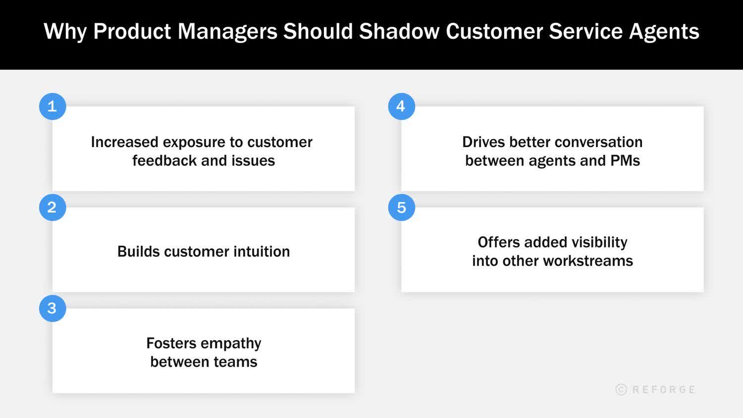 Benefits of shadowing: Exposure to customer feedback, building intuition, fostering empathy, driving better conversation, adding visibility into other workstreams.