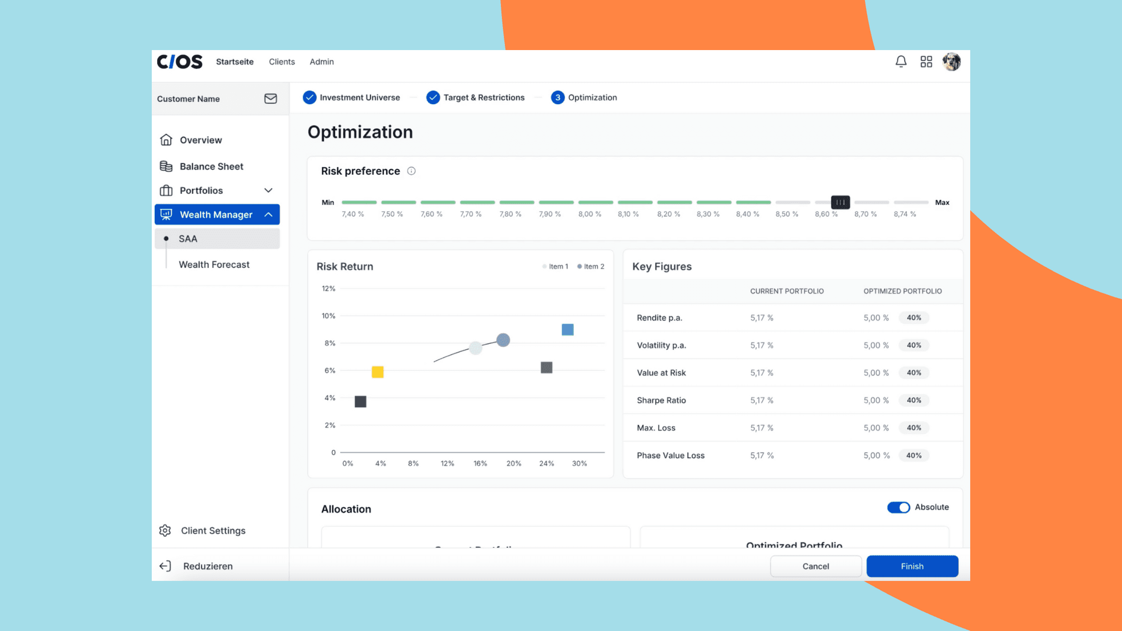 CIOS Software zeigt strategische Asset Allokation mit visuellem Vergleich von aktueller und optimierter Vermögensstruktur