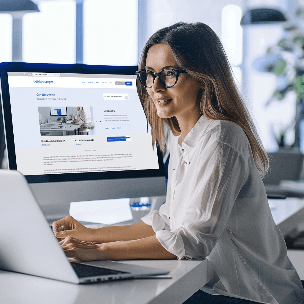 A woman in front of two computer screens