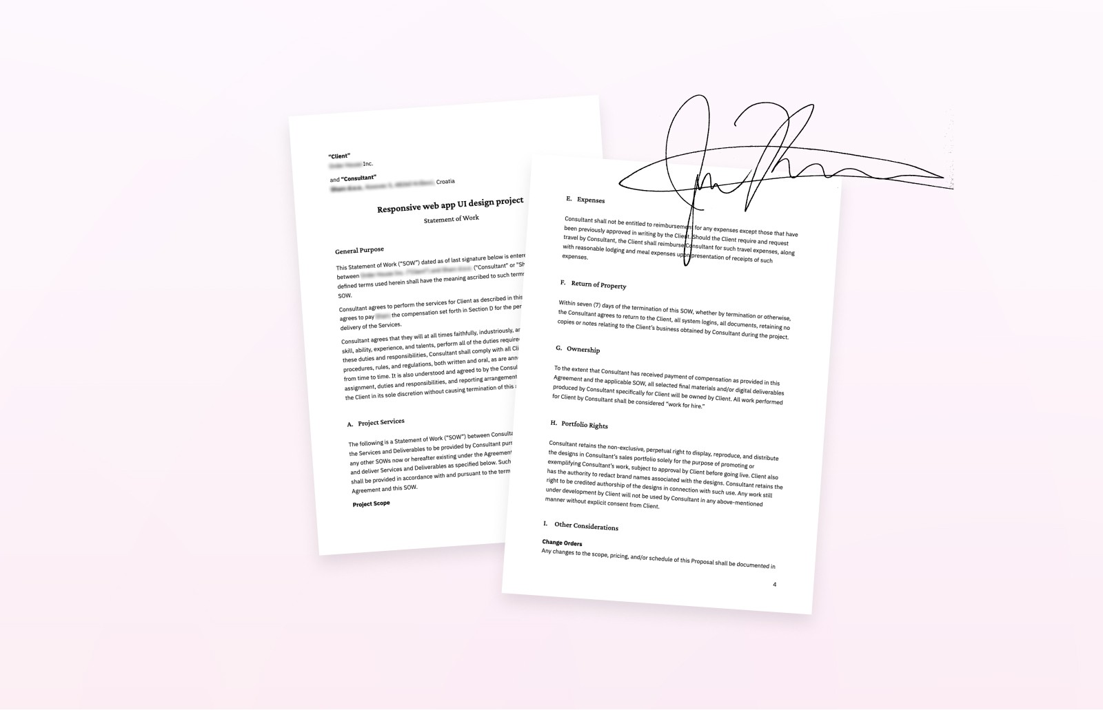 Two pages of a statement of work document with a signature, representing a signed freelance contract.