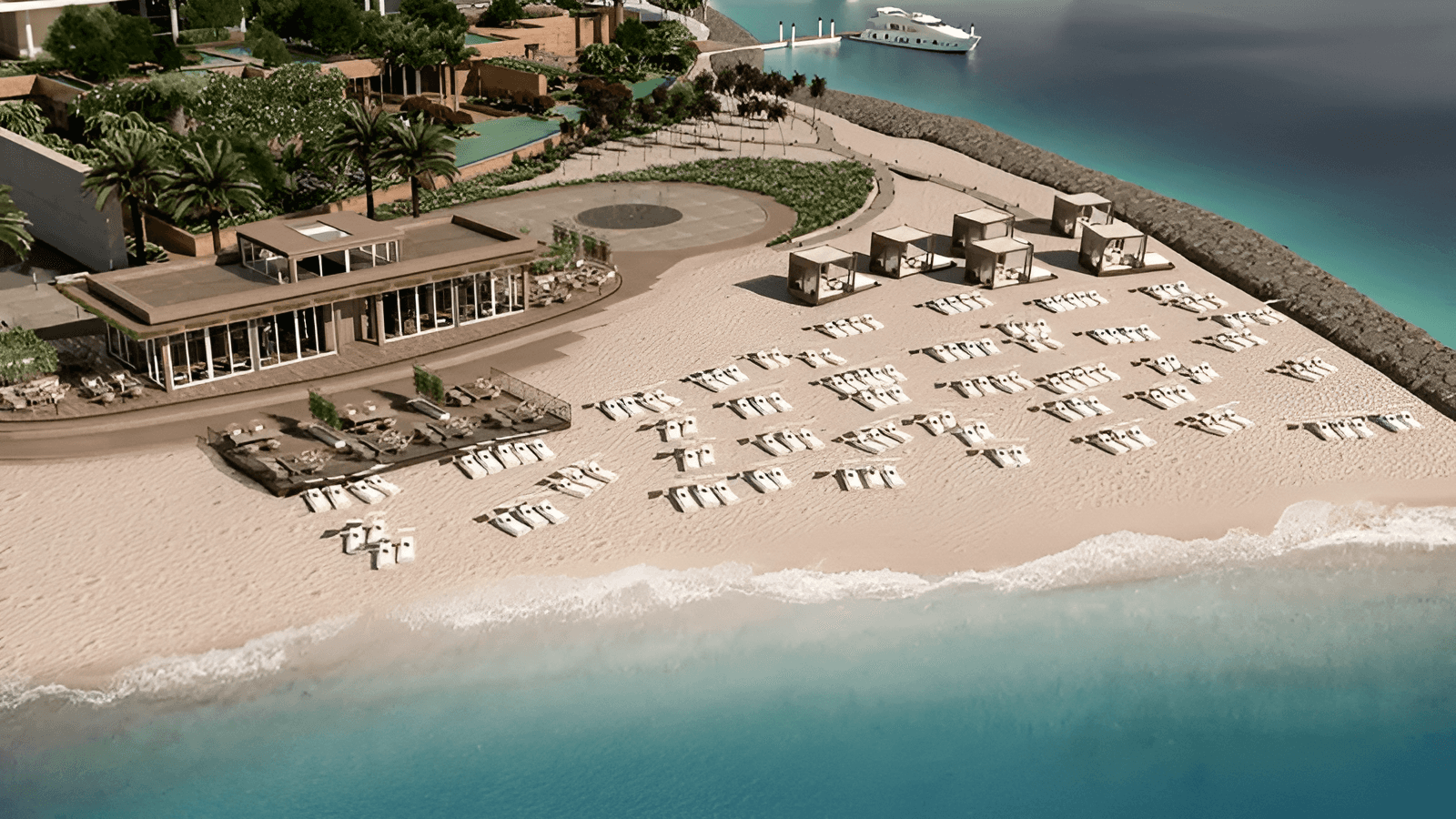 Top-down drone shot of Ava residences and private beach club at Palm Jumeirah, Dubai.