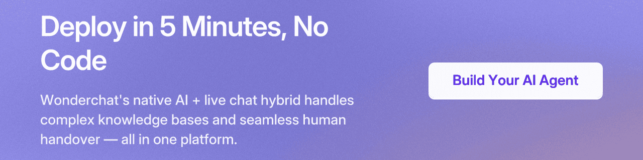 Deploy in 5 Minutes, No Code Wonderchat's native AI + live chat hybrid handles complex knowledge bases and seamless human handover — all in one platform. Build Your AI Agent