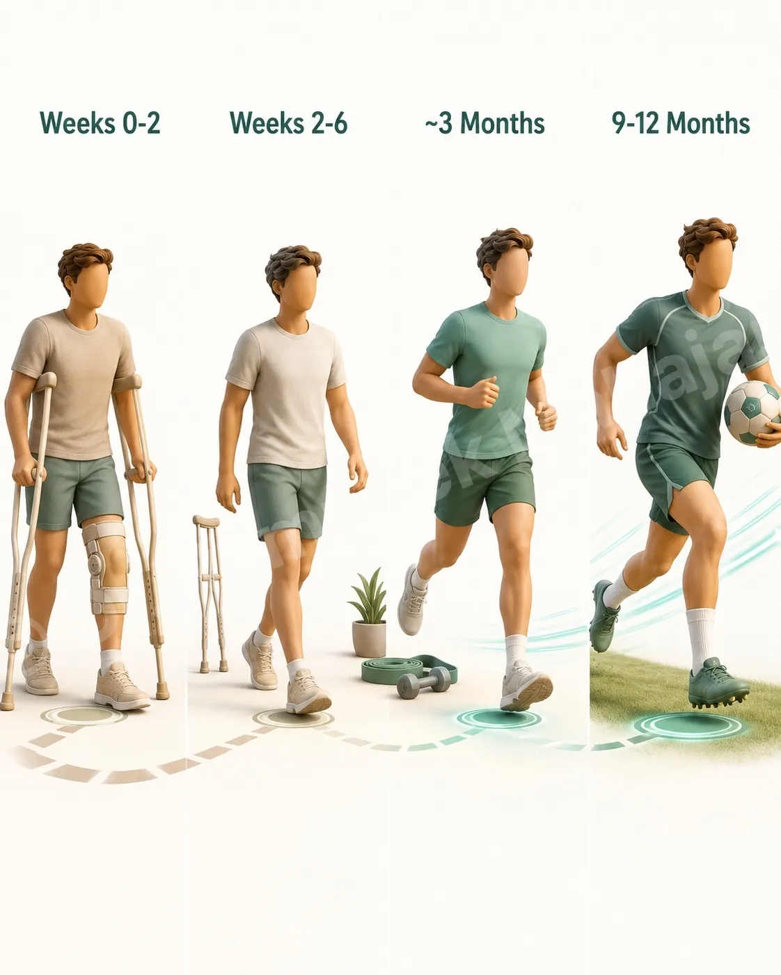 ACL recovery over months: brace and crutches, to walking, to jogging at three months, to sport by nine to twelve months.