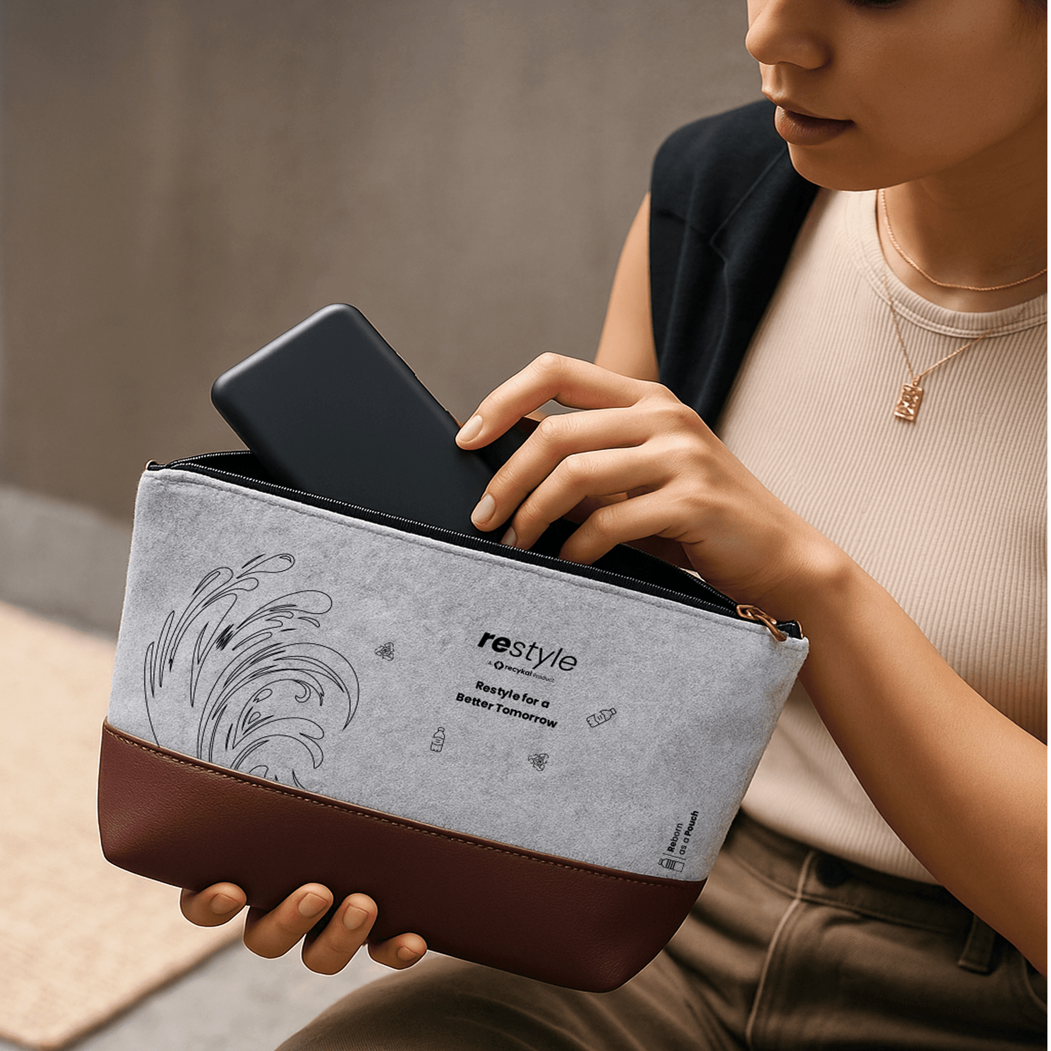 Woman in red outfit poses by a red telephone booth.