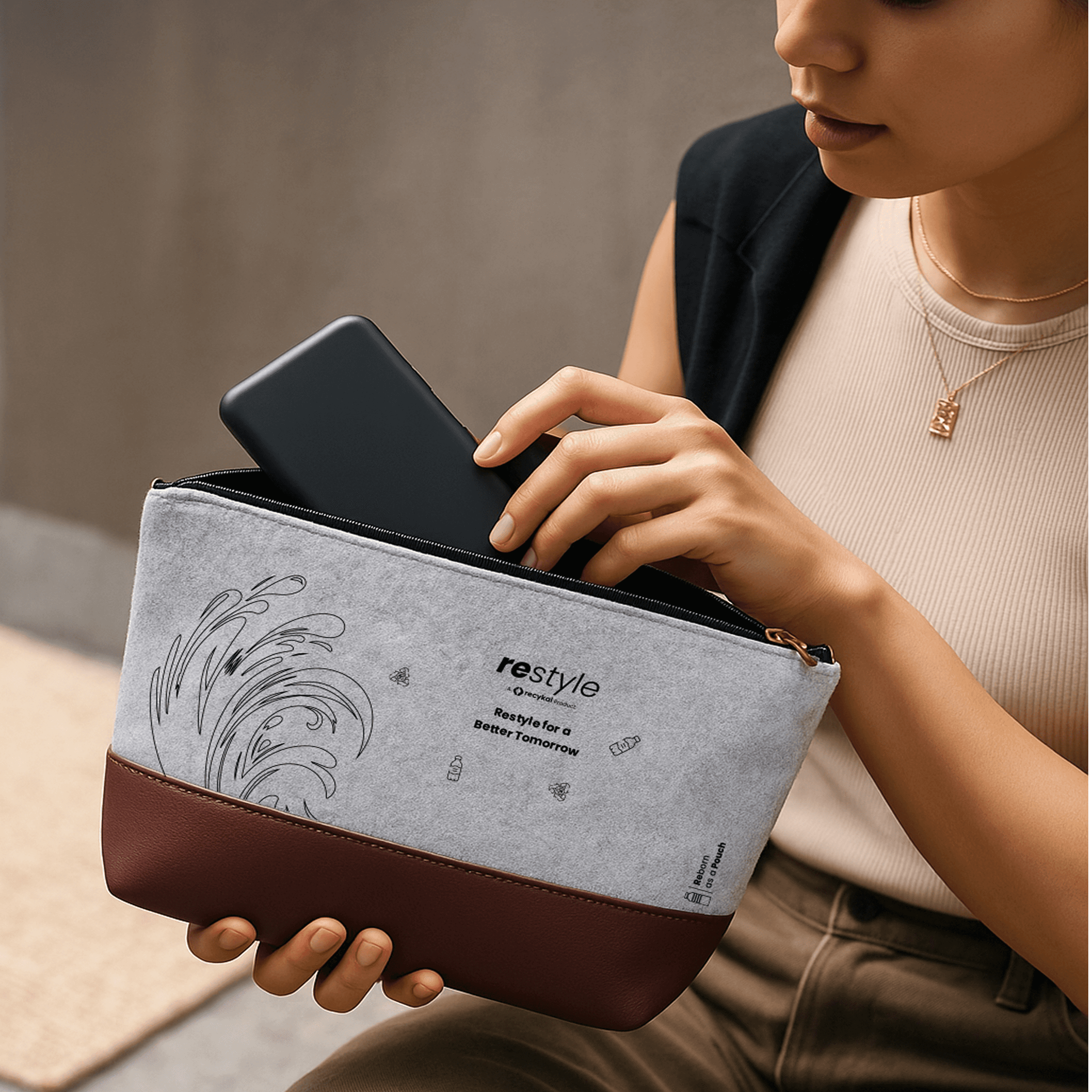 Woman in red outfit poses by a red telephone booth.