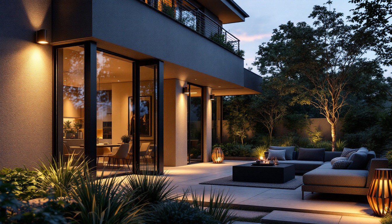 Luxary backyard kitchenette lit at dusk warm even architectural lighting
