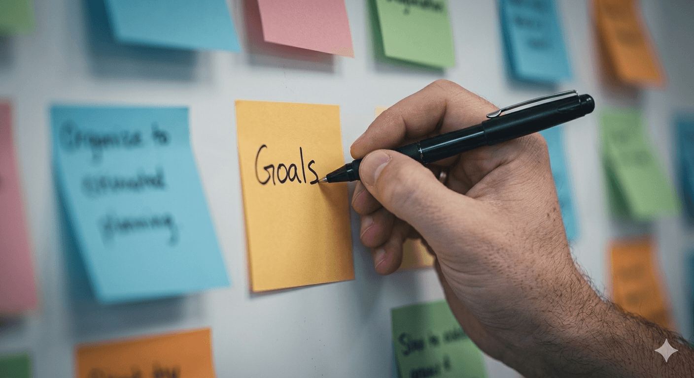 Hand writing 'Goals' on a yellow sticky note attached to a white wall, with colorful sticky notes in pink and green visible in the background.