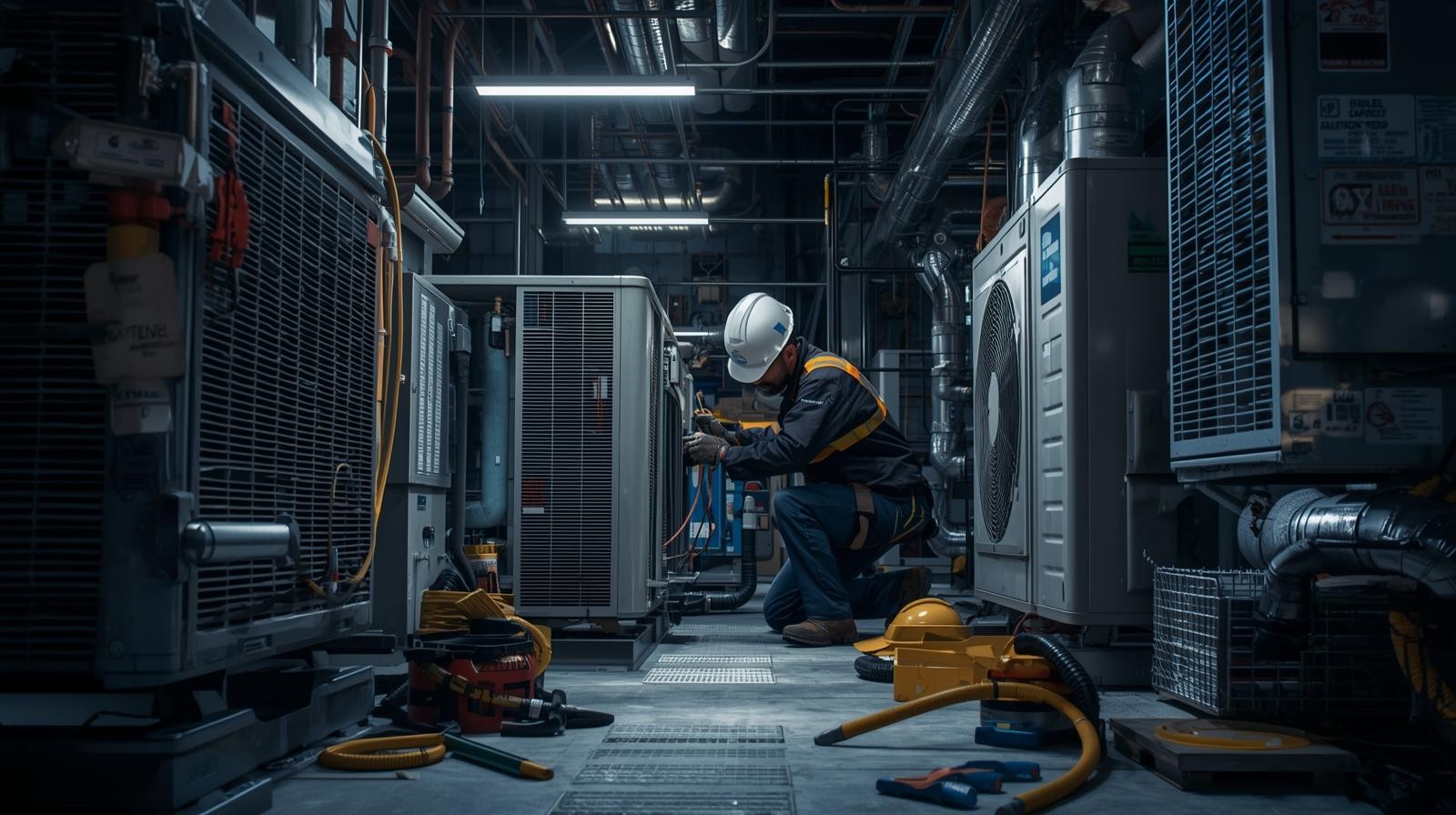 Air handling unit being serviced using a digital preventive maintenance checklist.