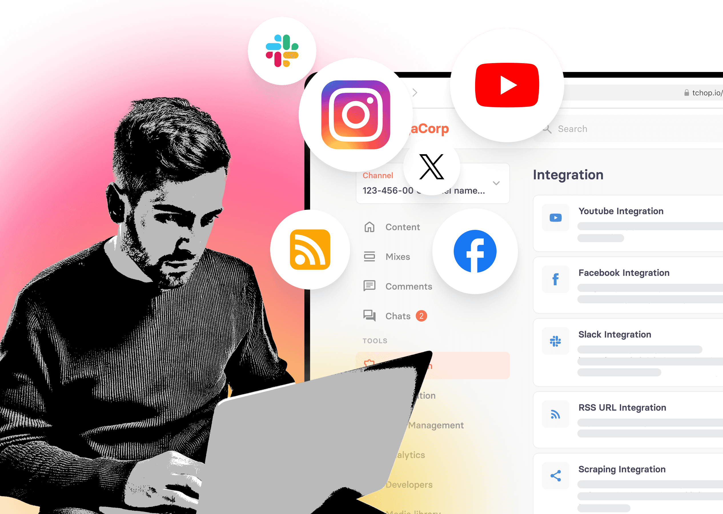 Visual showcasing tchop's integrations with diverse content sources like YouTube, Slack, RSS, and social media platforms, enhancing content curation and workflow automation for streamlined ecosystem management.