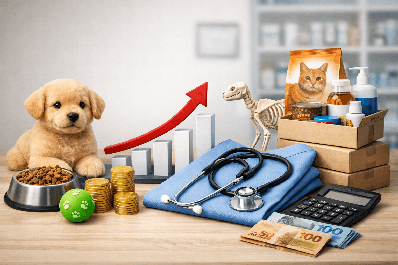 Imagem em estilo 3D realista mostrando um cachorro ao lado de uma tigela de ração, com itens veterinários (estetoscópio, medicamentos) e produtos pet organizados em caixas. Ao fundo, um gráfico com seta crescente e moedas, sugerindo crescimento e desempenho do setor. Ambiente limpo, claro e minimalista.