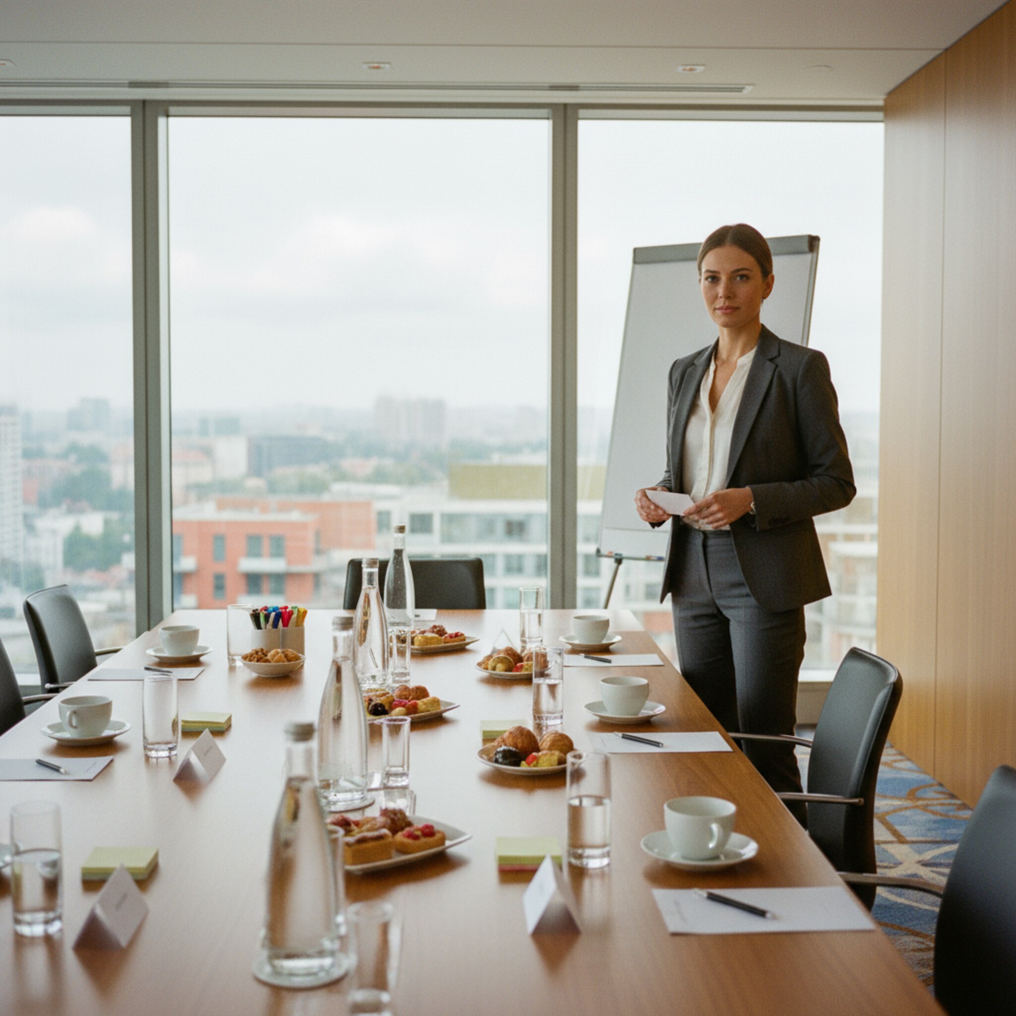 Ein repräsentativer Boardroom ist für externe Gäste gedeckt. Porzellantassen, Karaffen und kleine Teller mit Gebäck stehen auf einem langen Holztisch. An der Stirnseite wartet sauber arrangiertes Moderationsmaterial. Durch die Fenster wird die Skyline sichtbar, während eine Assistenz die Platzierung prüft.